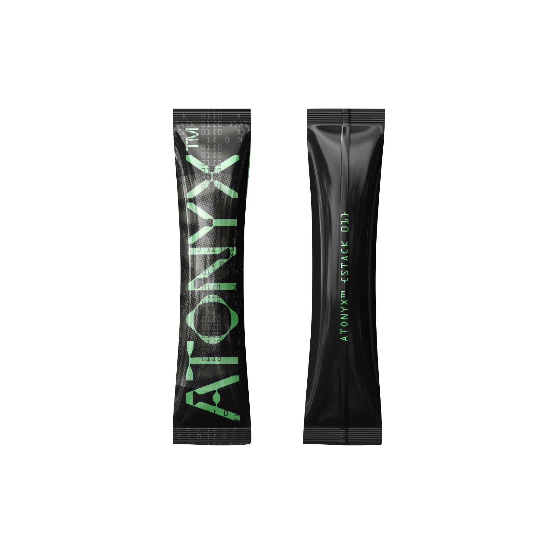 Two black ATONYX CORE product sachets on a white background