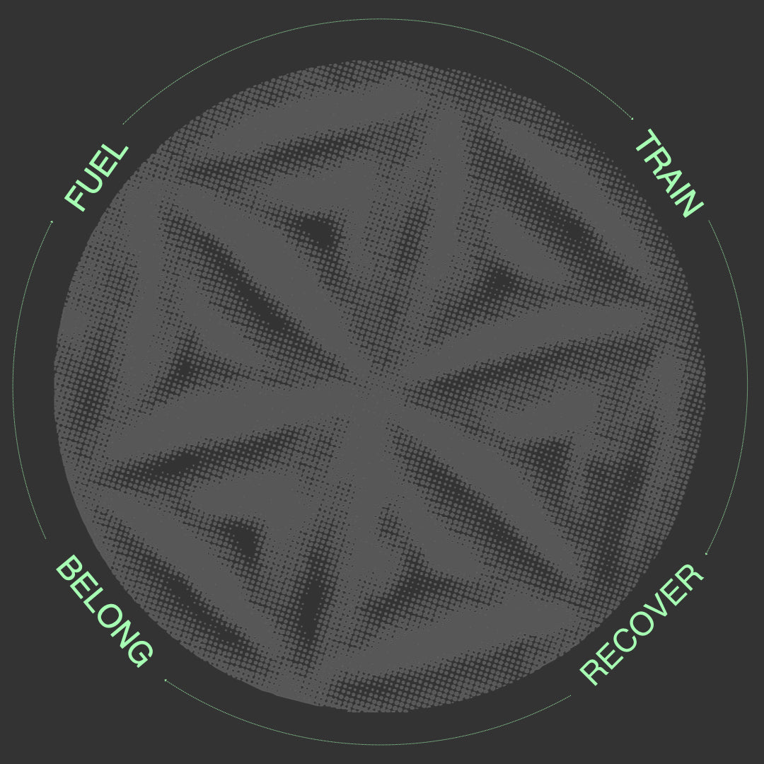 Circular design with geometric shapes and text on a black background